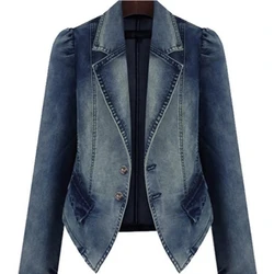 Women Hole Pocket Button Denim Jacket Patchwork Turn-Down Collar Femme Jeans Coat Autumn Winter New Fashion Outwear