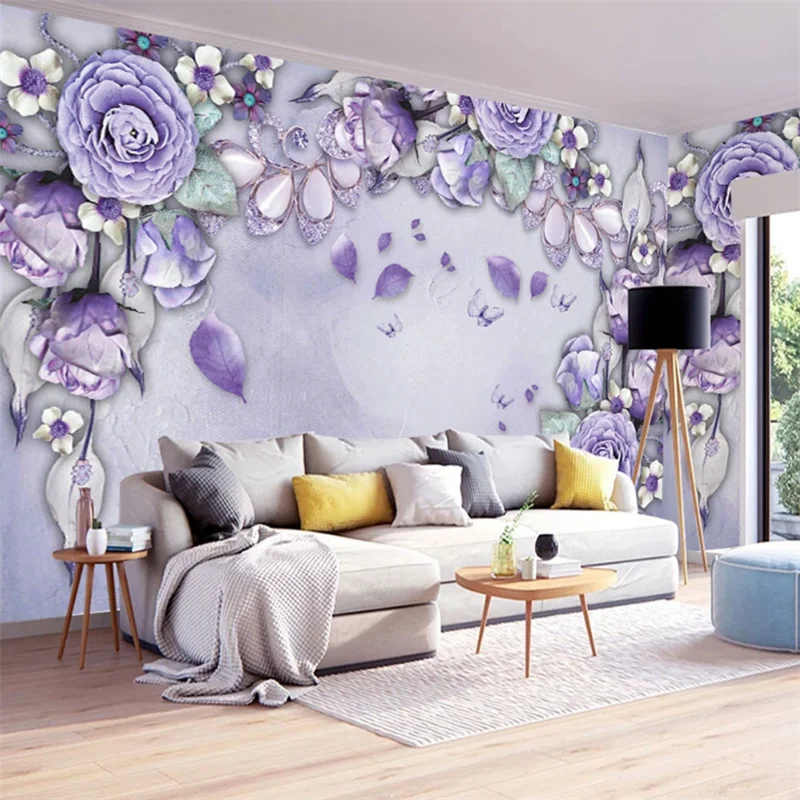 

wellyu Custom wallpaper 3d European luxury purple flower jewelry TV background living room bedroom background wallpaper