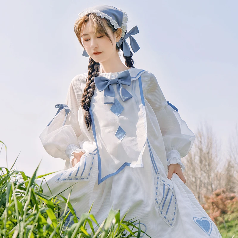 Preppy نمط طالب Hanfu الرجعية الحلو لوليتا لطيف الخريف فستان مطرز Bowknot الفيكتوري Kawaii فتاة Loli كوس القوطية لوليتا