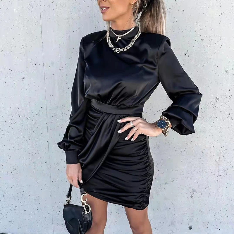 Casual Slim Bandage Bodycon Mini Dress Autumn Turtleneck Draped Satin Party Dress Women Spring Solid Long Sleeve Office Dresses