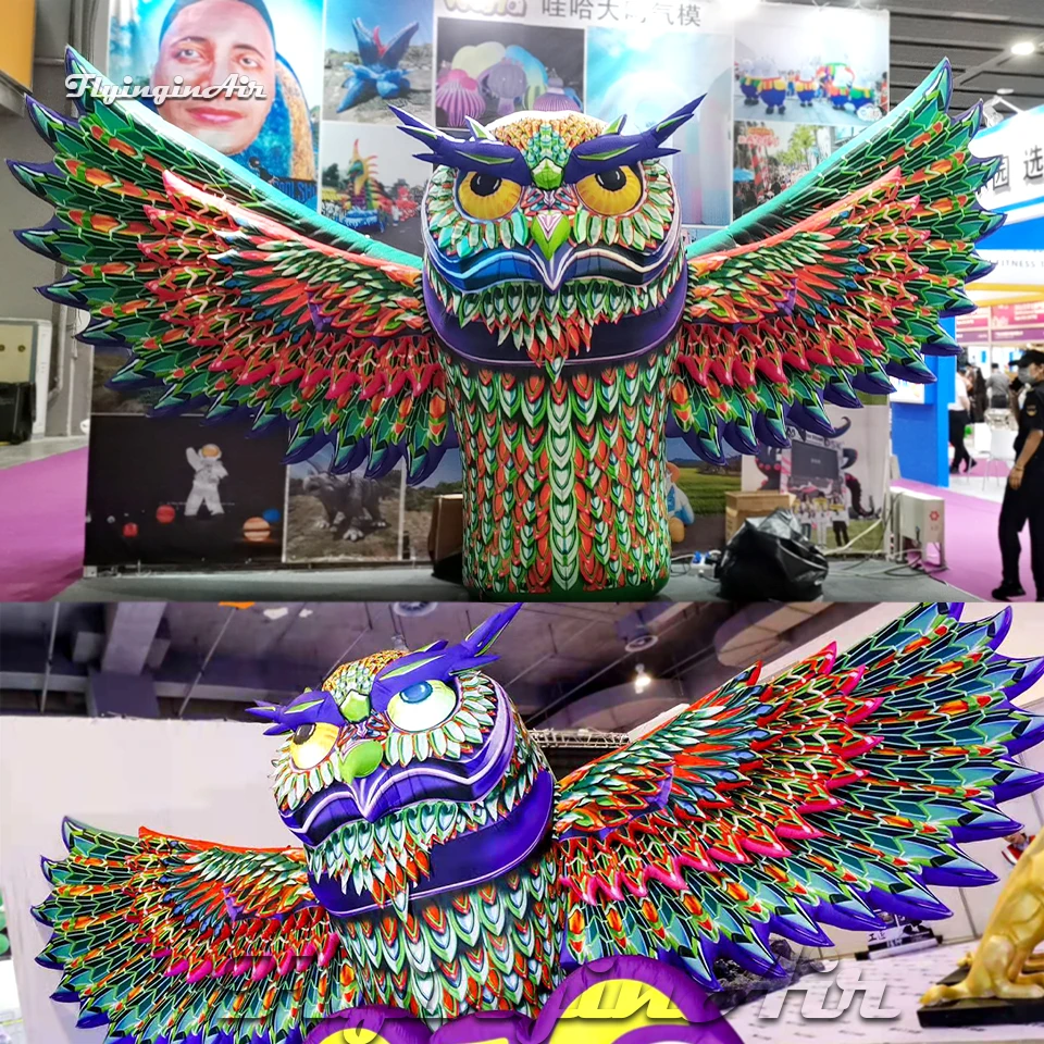 Customized Cartoon Animal Mascot Model Inflatable Owl 7m Length Colorful Air Blown Nocturnal Bird Replica For Concert Decoration