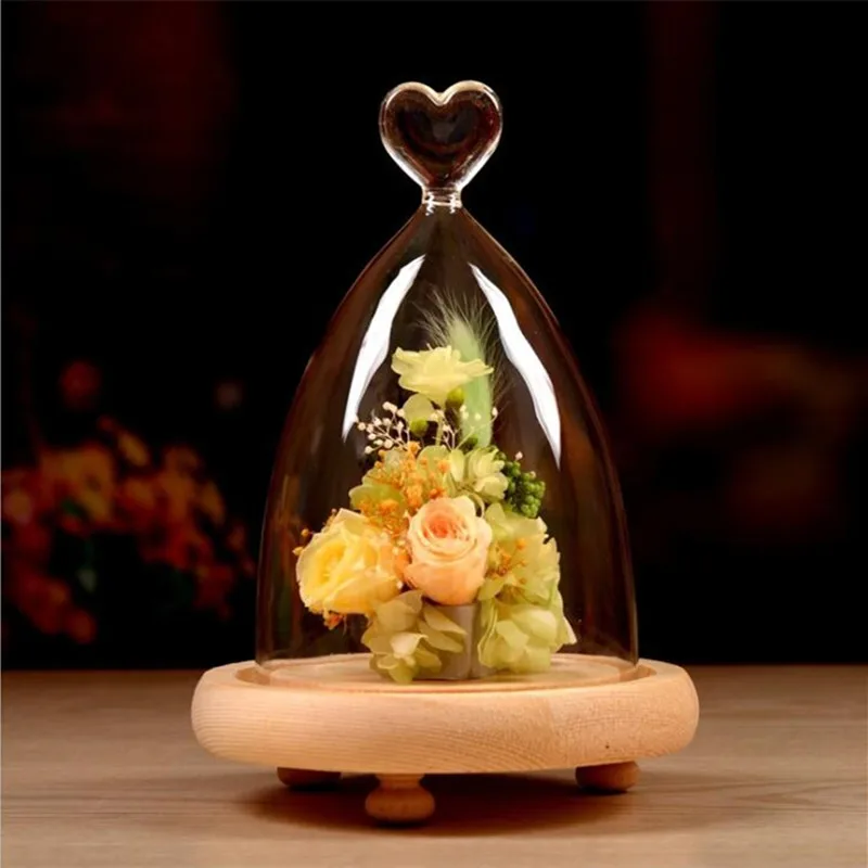 2sets/pack Heart Top Glass Dome Vase Home Decoration Three Legs Log Base Transparent Cover Friend Gift Wedding Live Prop