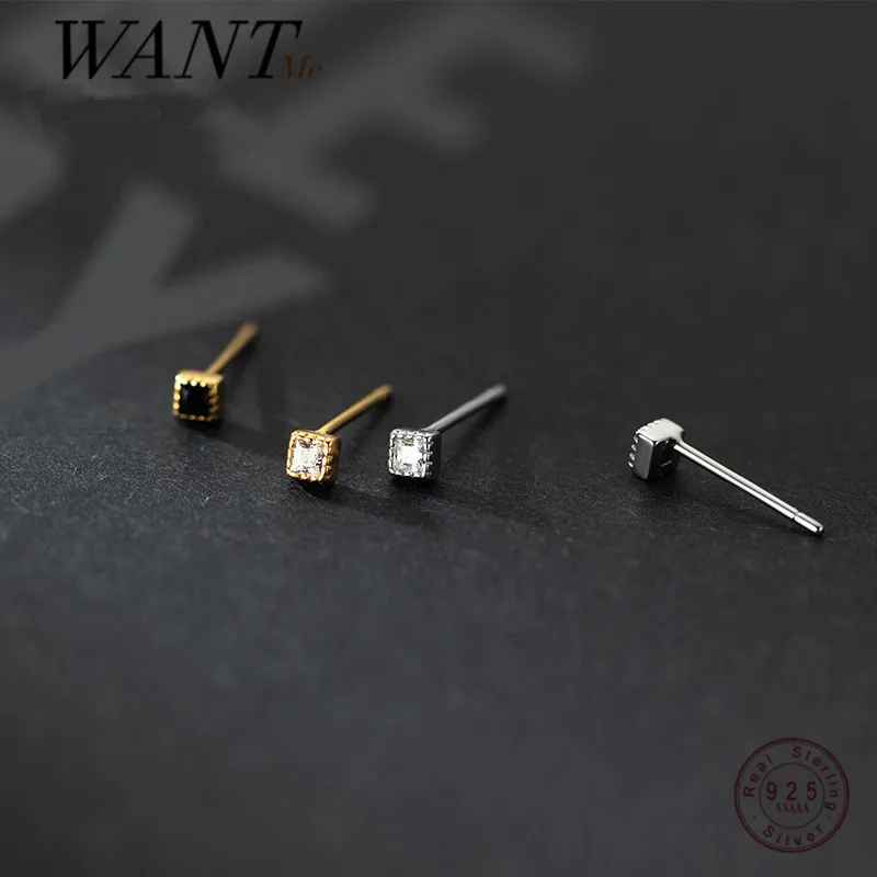 

WANTME 925 Sterling Silver Simple Geometric Square Black Zircon Mini Small Stud Earrings for Women Kid Cute Piercing Jewelry