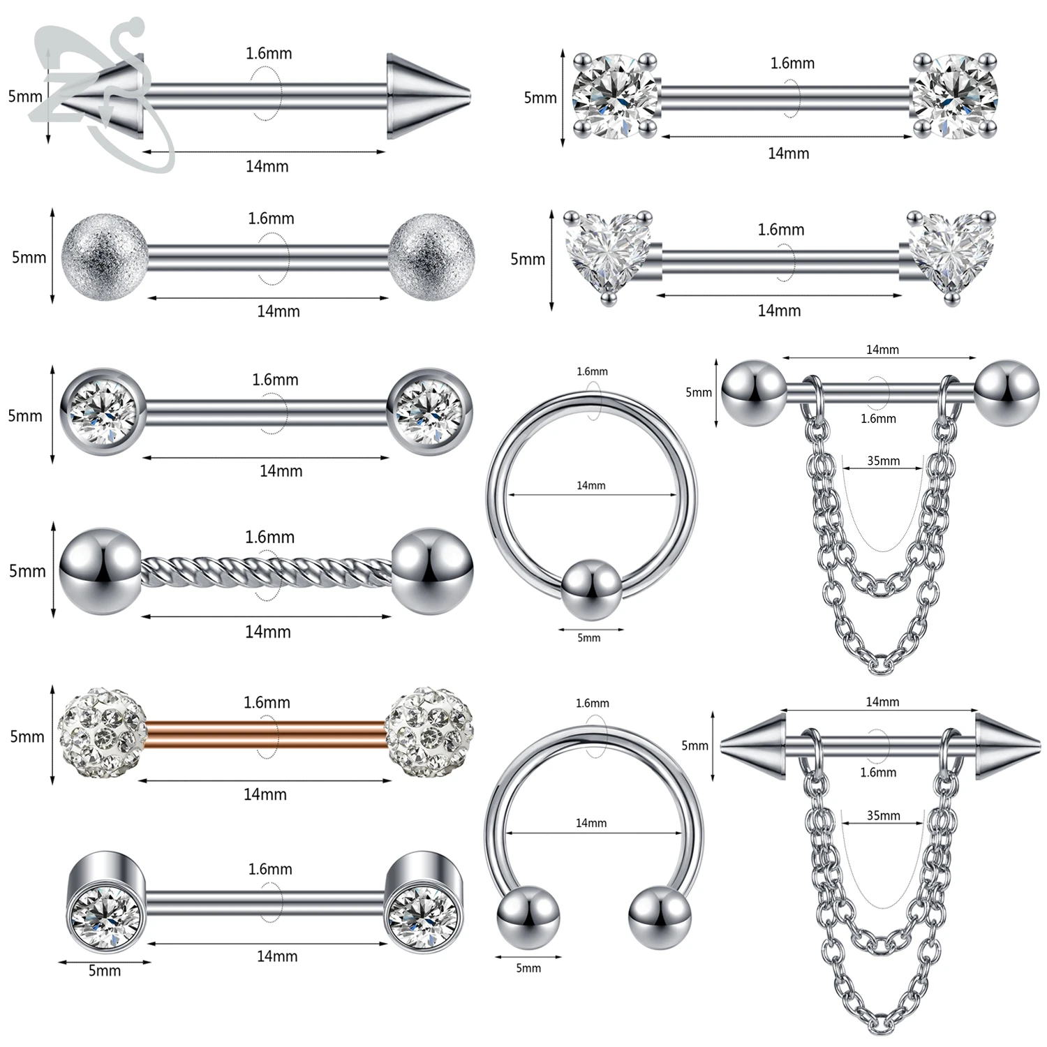 ZS 2 Pcs/lot Heart Crystal Nipple Piercings Men Women Tassel Drop Stainless Steel Nipple Ring Barbell Body Piercing Jewelry 14G