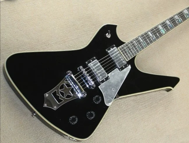 custom 6 string black guitar,irregular  guitar,basswood body,H H pickups,black guitar, mirror pickguard