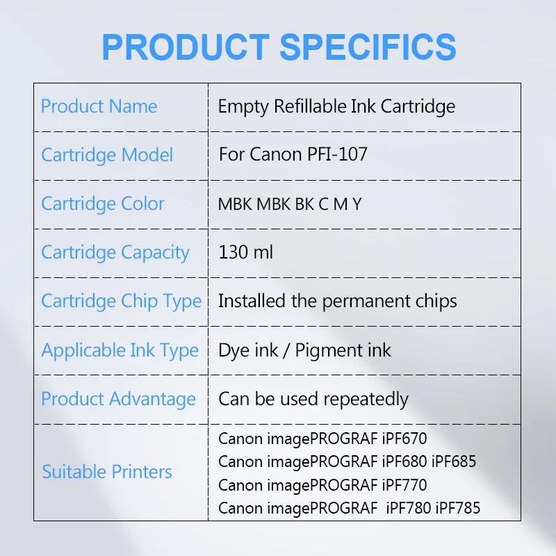Imagem -06 - Cartucho de Tinta Recarregável com Chips Permanentes para Canon Ipf670 Ipf630 Ipf685 Ipf770 Ipf780 Ipf785 130ml Cores Pfi107 Pfi107