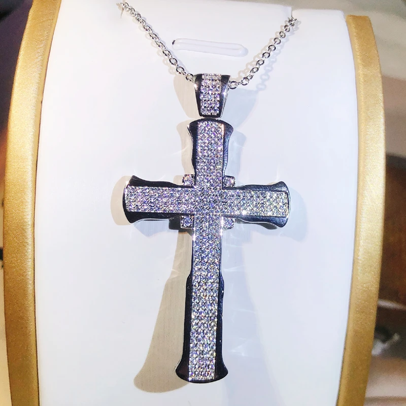 Unique Luxury Jewelry 925 Sterling Silver Cross Pendant Lucky Princess AAAAA+ Cubic Zirconia CZ Party Women Wedding Necklace