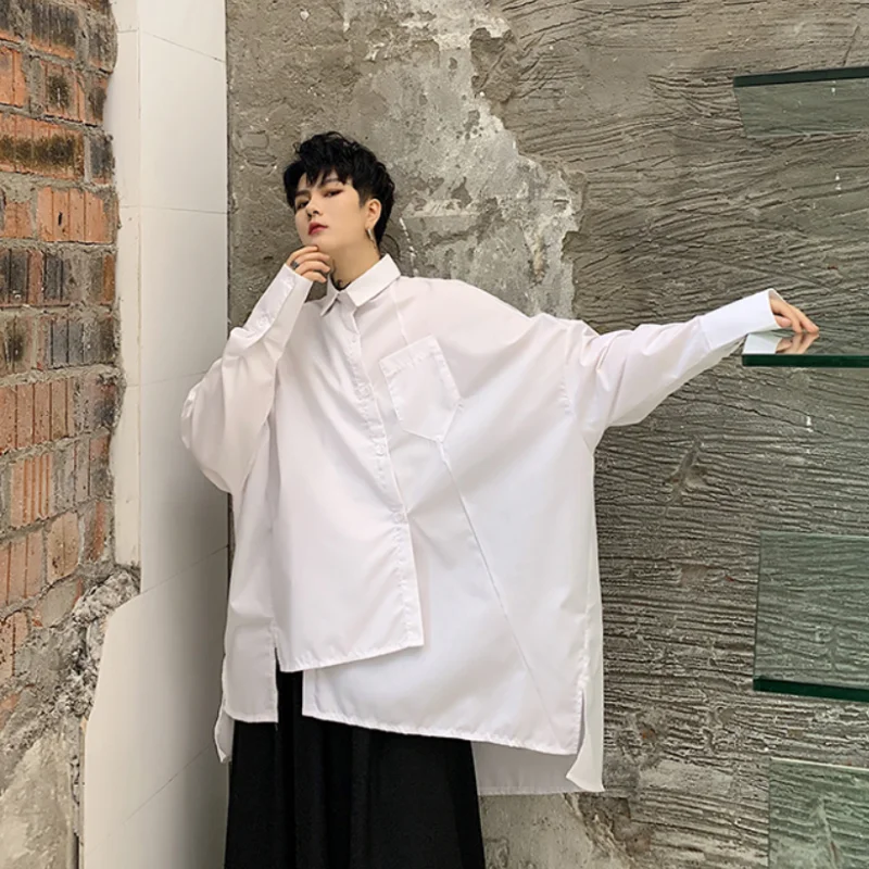 

Men's new long-sleeved asymmetric niche design sense loose large black and white shirt Japanese street style dress casual shirt