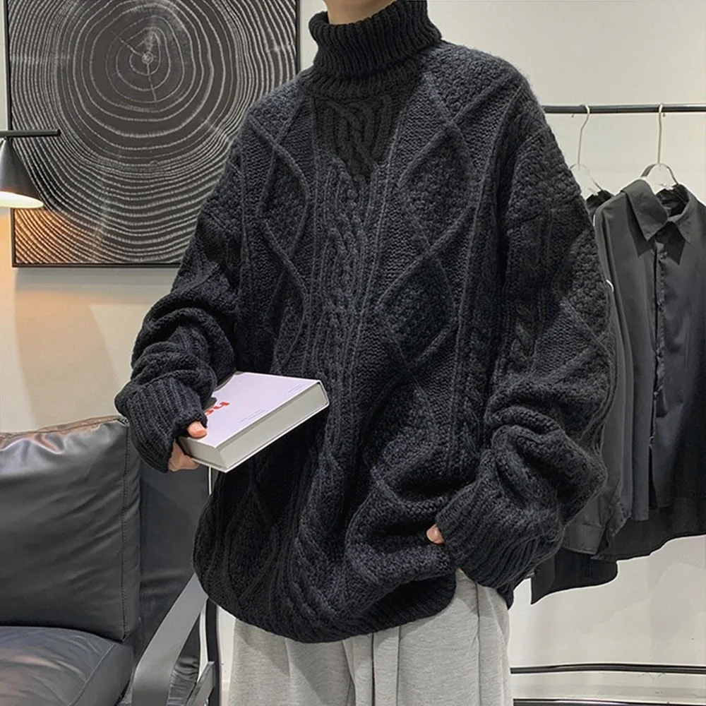 Vintage Hip Hop Streetwear Jumpers Men Clothes Orange Sweater Men Turtleneck Sweater Men High Neck Cable Knit Sweater Harajuku