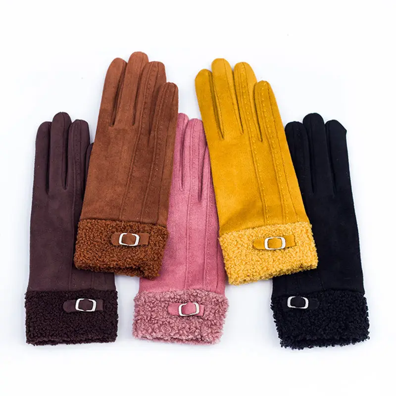 Winter Suede Leather Internal Plush Thicken Touch Screen Driving Gloves Woman\'s Outdoor Riding Belt Embroidery Warm Gloves R28