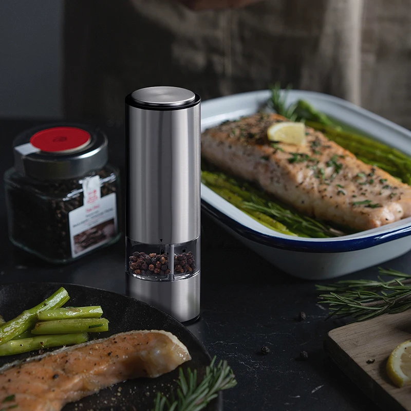 เครื่องบดพริกไทยและเกลือไฟฟ้าอัตโนมัติมีไฟ LED 5โหมดเครื่องบดเมล็ดพืชเครื่องลายคราม