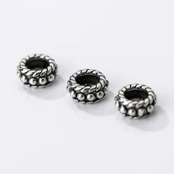 1pc 925 Sterling Silver Round Wheel Loose Beads Big Hole 7.5x3.5mm Braided Charm Spacer Silver Beads DIY Retro Jewelry Making