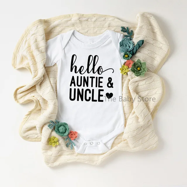 HELLO AUNT UNCLE Letters Print Newborn Baby Bodysuit Cotton Baby Boy Girl Onesie Short Sleeve Romper Jumpsuit Body Baby Clothes