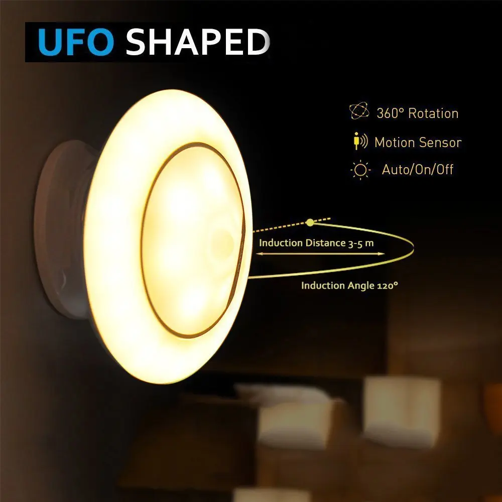 Sensor Nightlight Creative 360-degree UFO Shape Human Induction Rotating Night Llight For Corridor Cabinet  Drop shiping