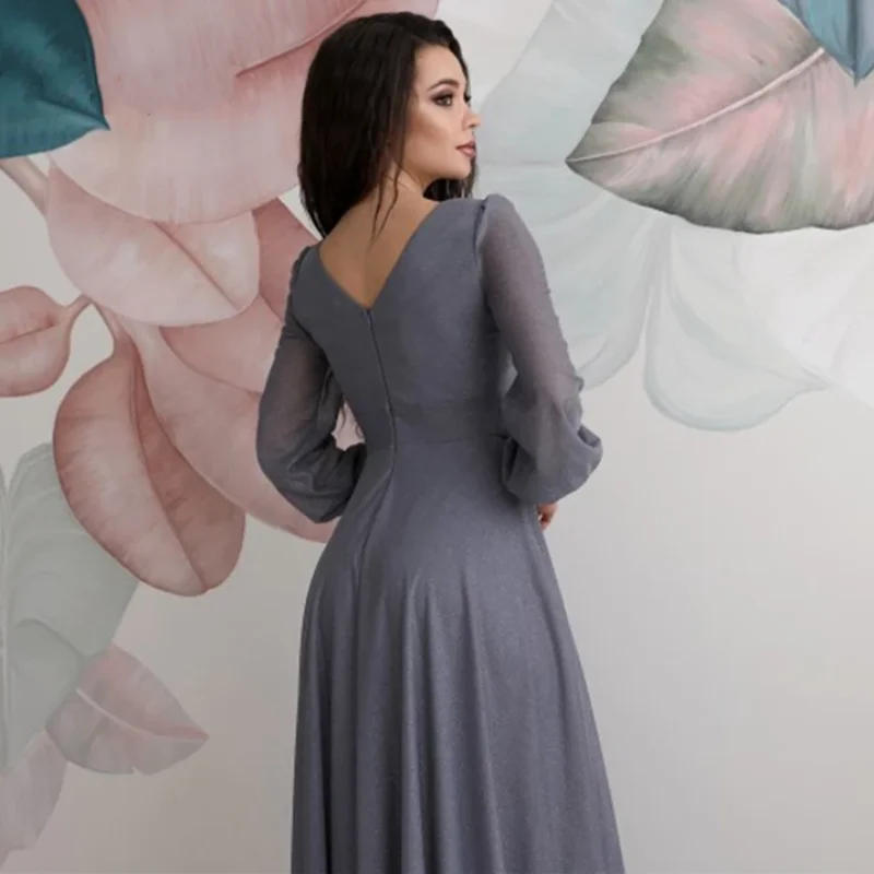 Mother of the Bride Dresses Sexy High Split V Neck robe soirée femme Long Puff Sleeves Formal Gray Evening Gown Свадебное платье