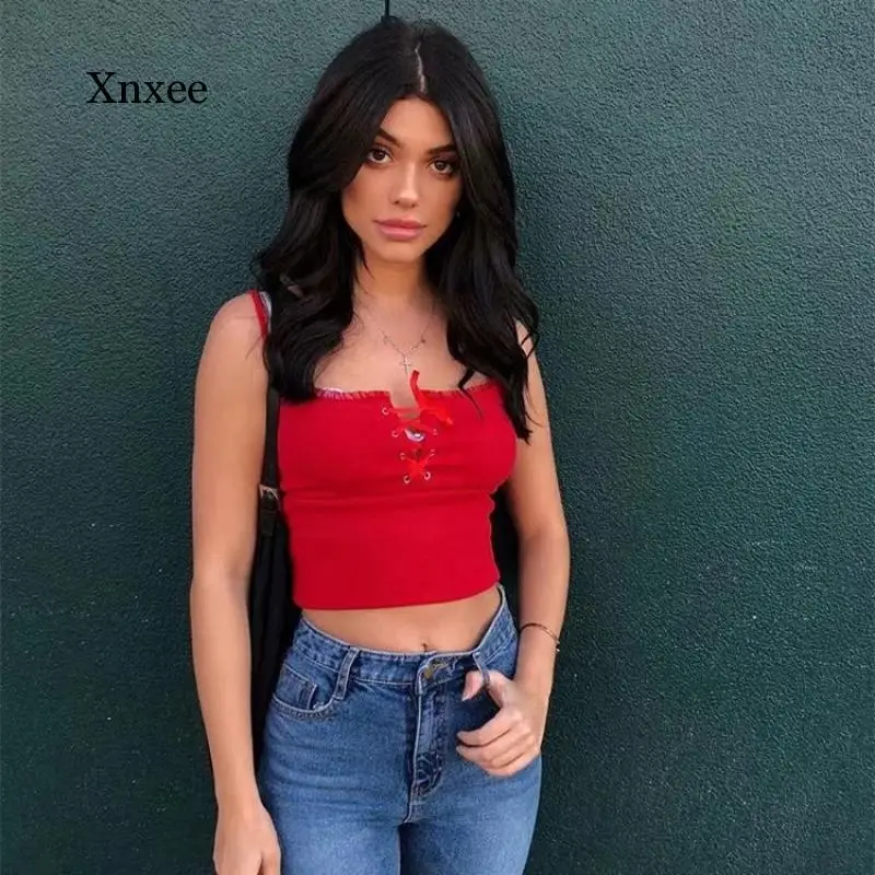 Sexy Red Fashion Slim Women Tank Top Center Bow Cropped Camis Lace Patchwork Women Crop Top Casual Drop Shipping