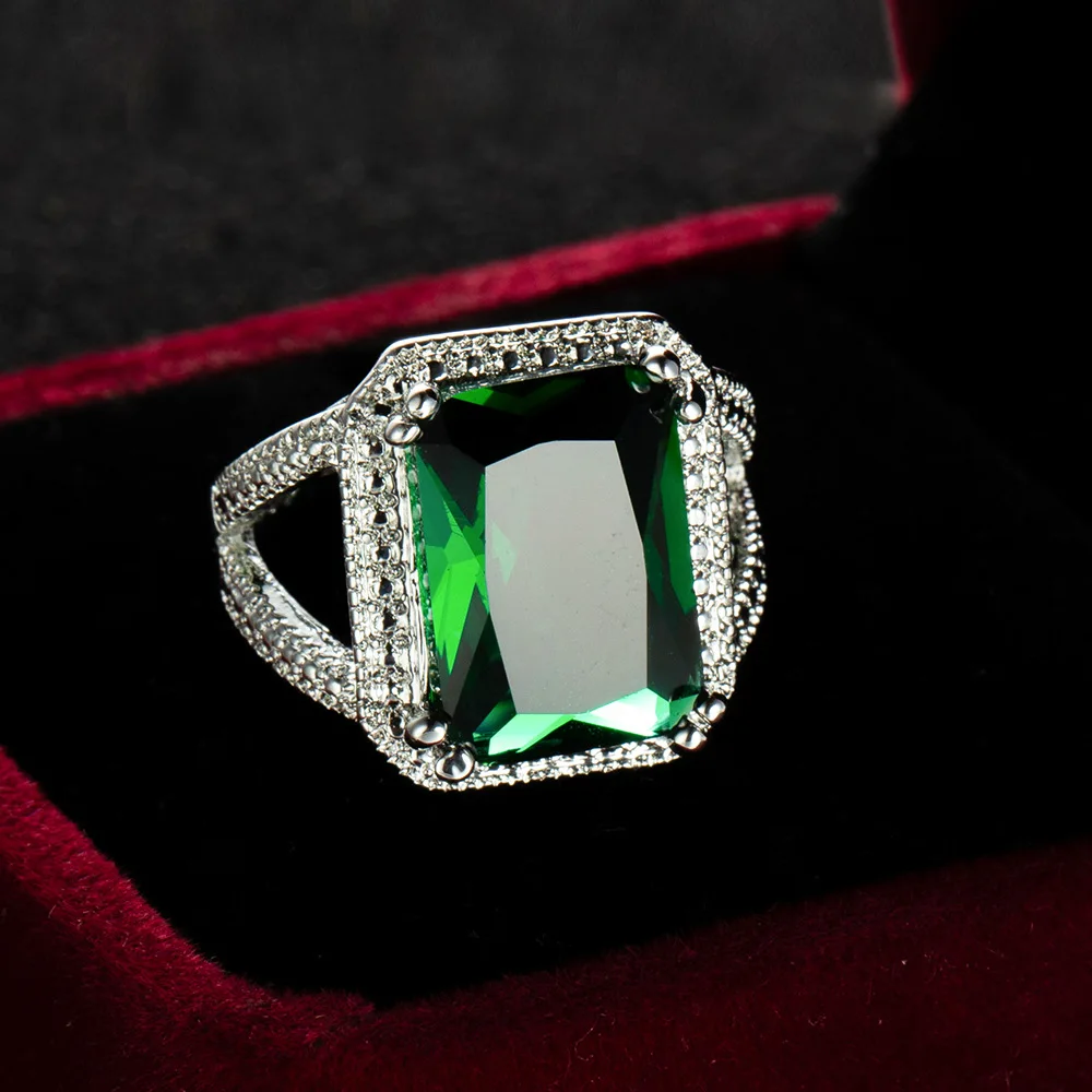 Delikatny zielony kwadrat cyrkon kobiety obrączki hollown-out kolor srebrny błyszczące pierścionki prezent na rocznicę Trendy biżuteria Anillos — zdjęcie 3