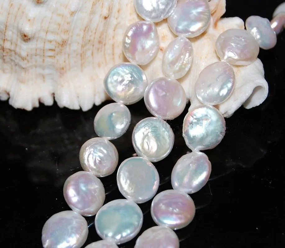 

13-14mm Natural White Coin Freshwater Cultured Pearl Loose bead 15" AAA