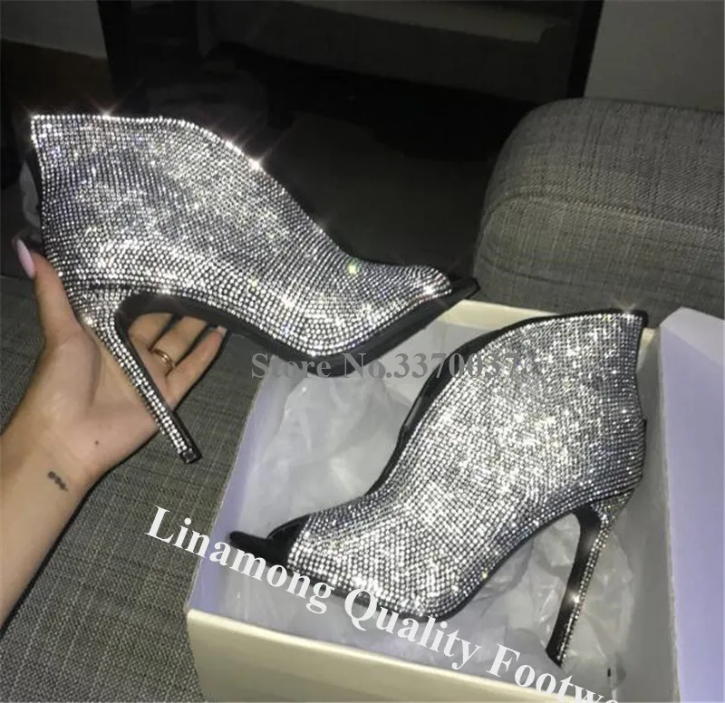 Women Shining Bling Bling Open Toe Stiletto Heel Rhinestone Short Boots Slip-on V Shape High Heel Ankle Booties Wedding Shoes