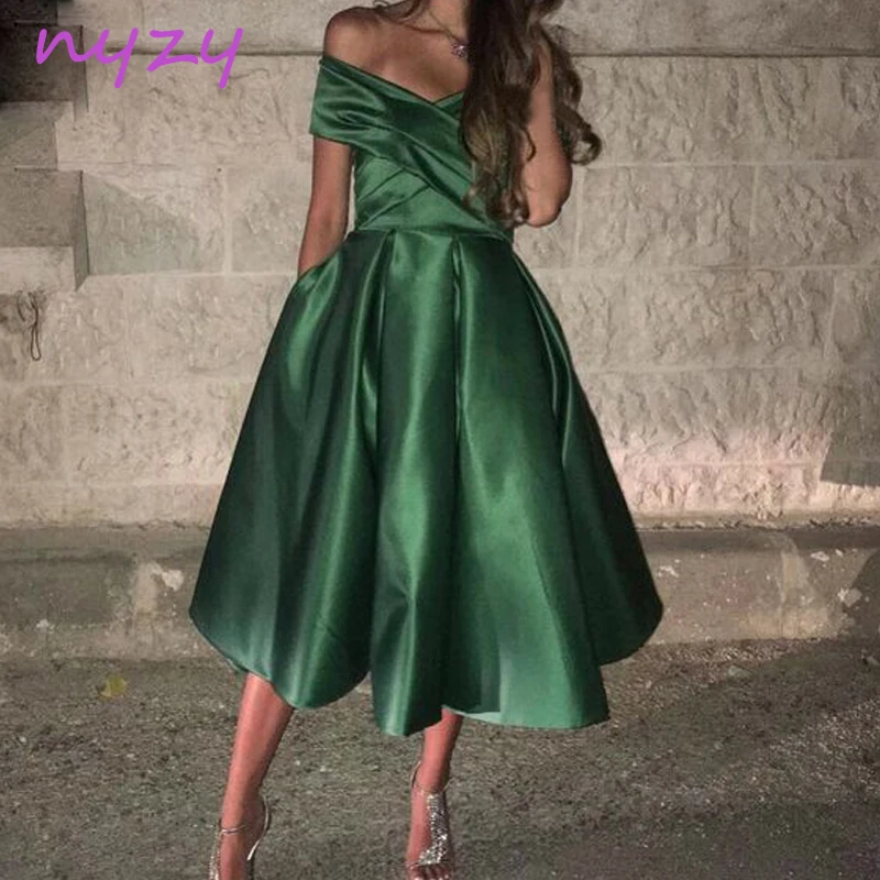 C66 NYZY Satin Off the Shoulder krótkie suknie balowe 2021 zielona Party Dress koktajl Graduation Homecoming