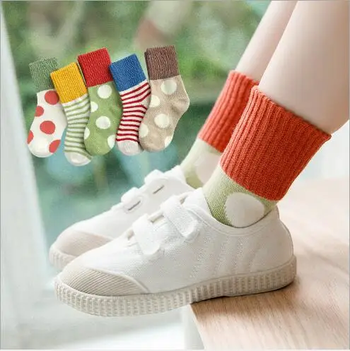 1-12 Year 5 pairs pack Children\'s socks Winter new horizontal stripes dot striped socks princess socks