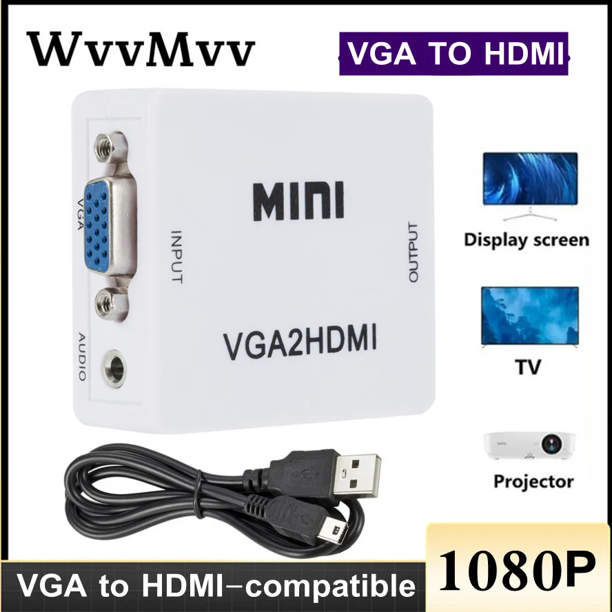 WVVMVV-Conversor Mini VGA para HDMI, VGA2HDMI, Video Box, Adaptador de Áudio, 1080P para Notebook, PC, HDTV, Projetor, TV, Portátil