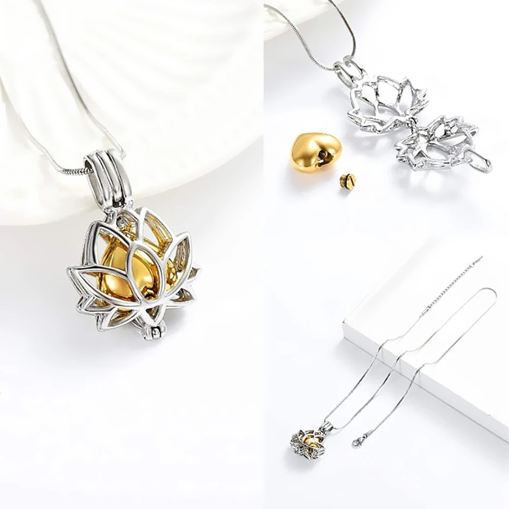 Stainless Steel Hollow Cremation Jewelry Ashes Urn Pendant Necklace Lotus Flower Shape Urn Cremation Jewelry for Ashes Dropship