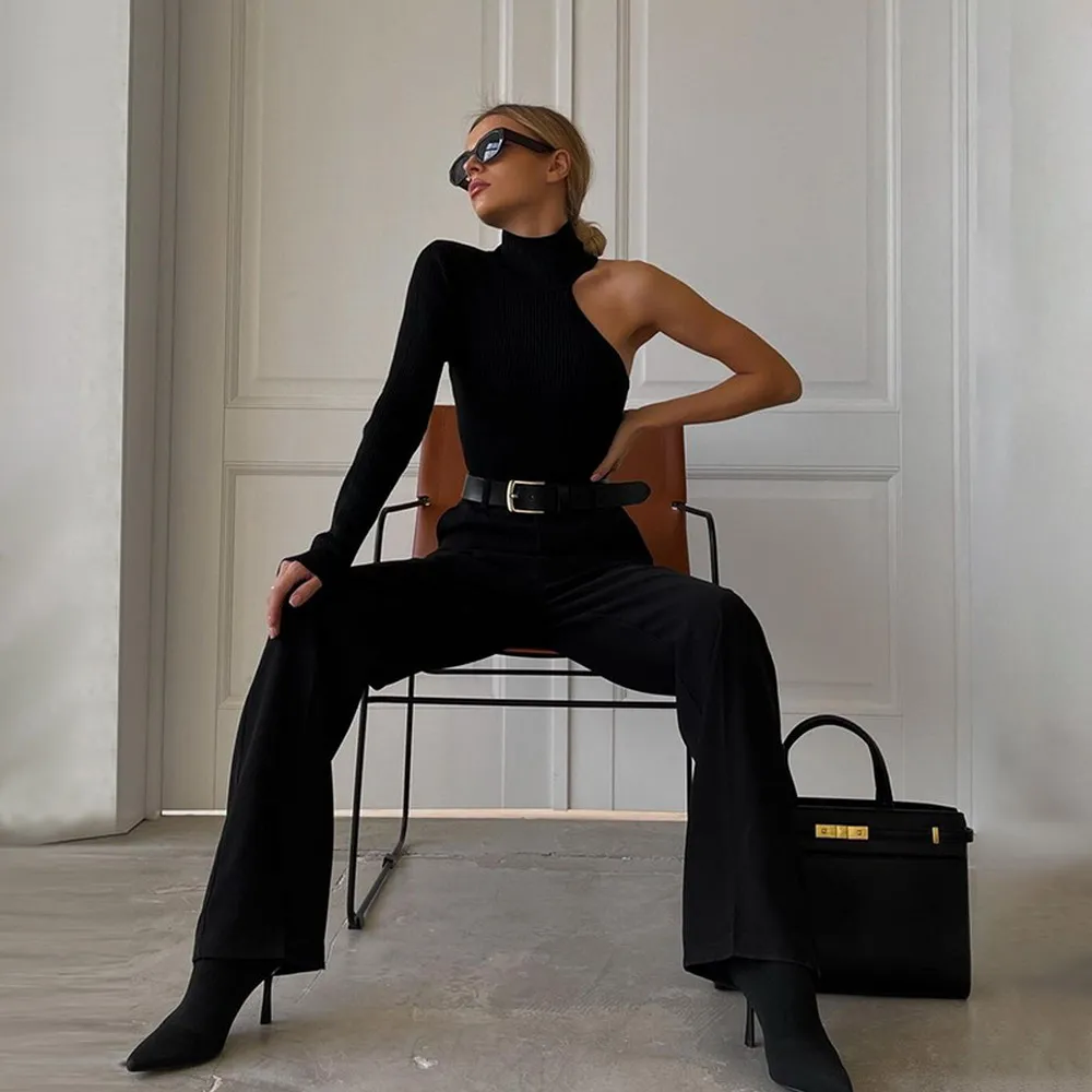 Basic Black One Shoulder Skinny Women's Bodysuit Long Sleeve Turtleneck Skinny Slim Sexy Fashion Streetwear Female Clothes