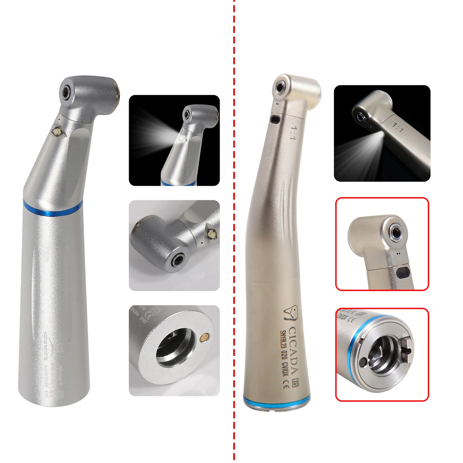 

Dental Handpiece 1:1 E-generator LED Inner Water Contra Angle Fiber Optic Turbine E-Type Low Speed Fit Kavo Style High Quality