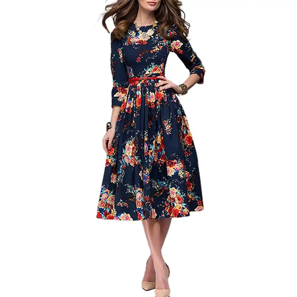 Women Dress Elegant Vintage Floral Print O Neck Long Sleeve Lace-up Waist Flared Loose A Line Midi Dresses Party