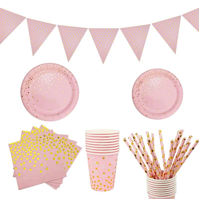 

Gold Pink Disposable Tableware Set Baby Shower Paper Plates Cup Napkin 1st Birthday Party Decoration It is a Girl Party Supplies