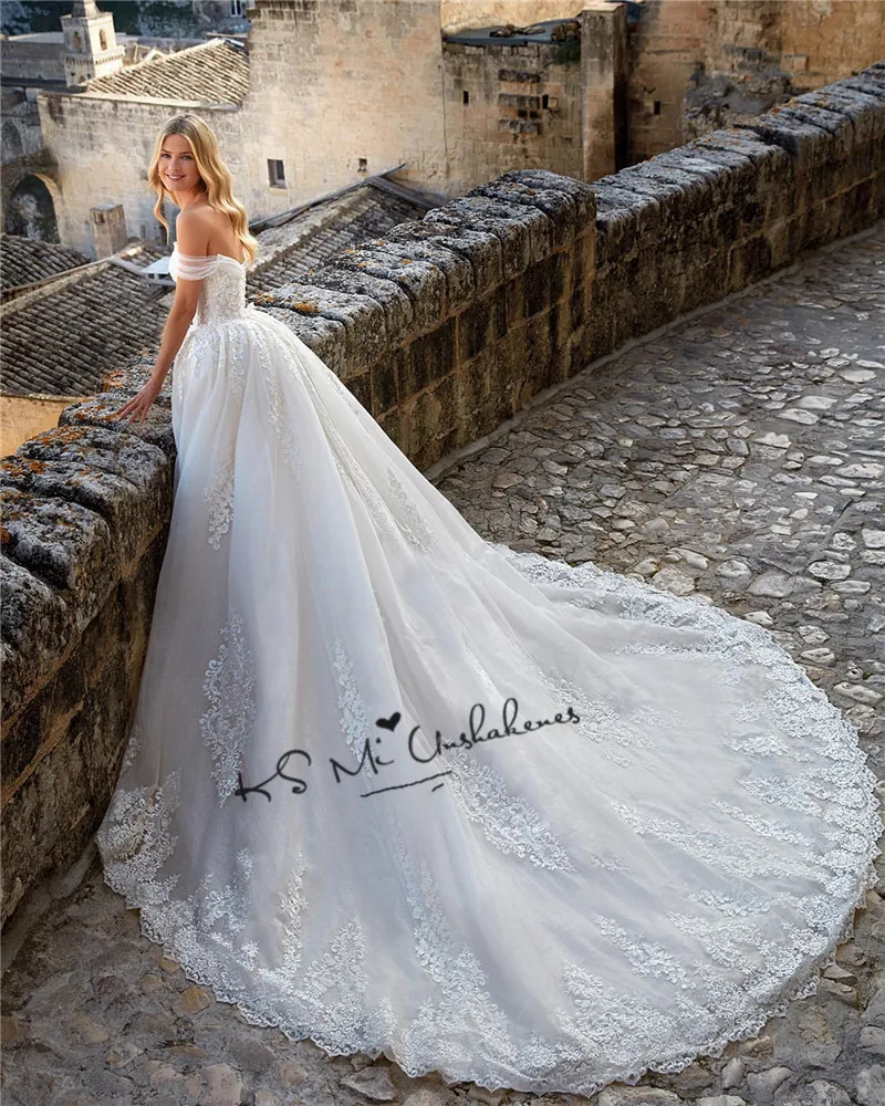 Vestido de Noiva Renda Elegante Ballkleid Hochzeit Kleider Offene Schulter Spitze Braut Kleid Hochzeit Kleider Türkei 2021 Frauen