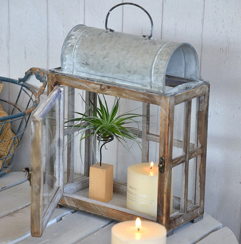 Handcrafted Vintage Lantern, Decorative Candle Holder, Hurricane Glass, Wood Framed Zinc Top