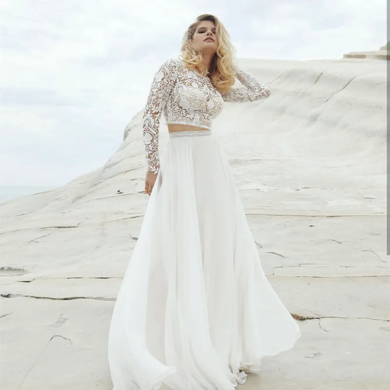 Elegant Beach Wedding Dress Lace Appliques Chiffon Stain Full Sleeves Tulle Cut-Out Design O-Neck Boho Bride Robe De Mariée