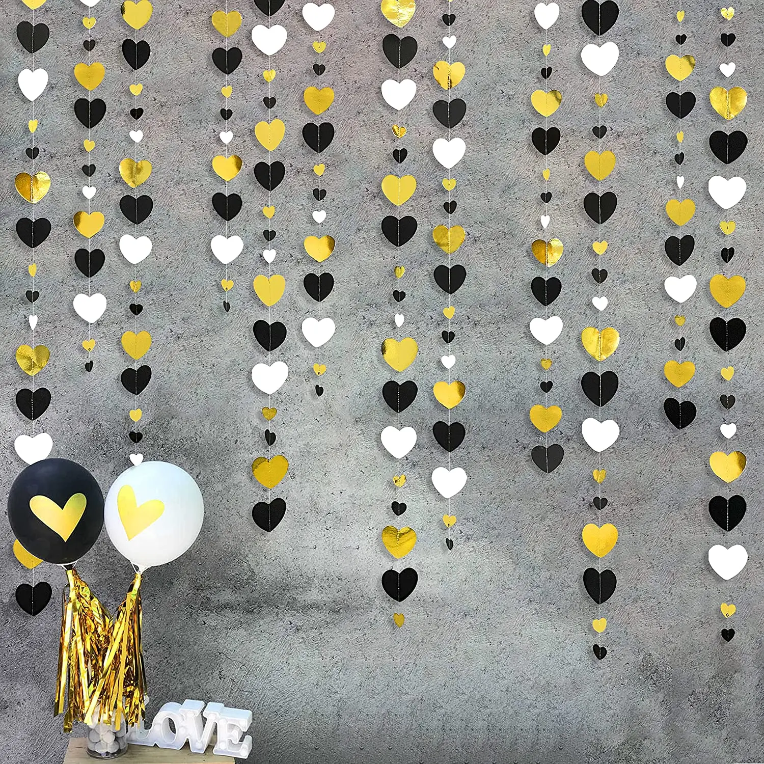 

13ft Black Gold White Paper Love Heart Garlands Hanging Streamers Happy Birthday Banner for Anniversary bride to be Decorations