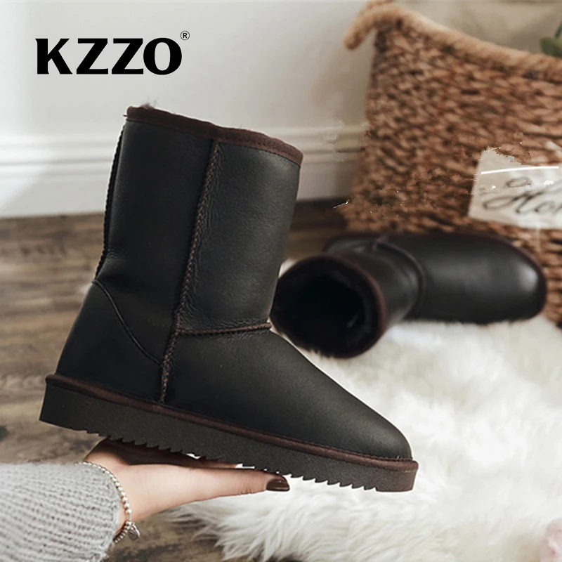 KZZO Natural Wool Fur Lined Waterproof Leather Flat Snow Boots Women Australia Classic Genuine Cowhide Leather Winter Warm Shoes