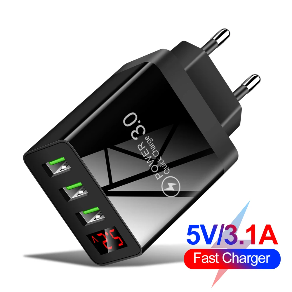 QC3.0 Phone Charger Adapter 3A LED Digital Display Fast Charging For Phone Travel USB Charger Wall EU US Power Adapter Universal