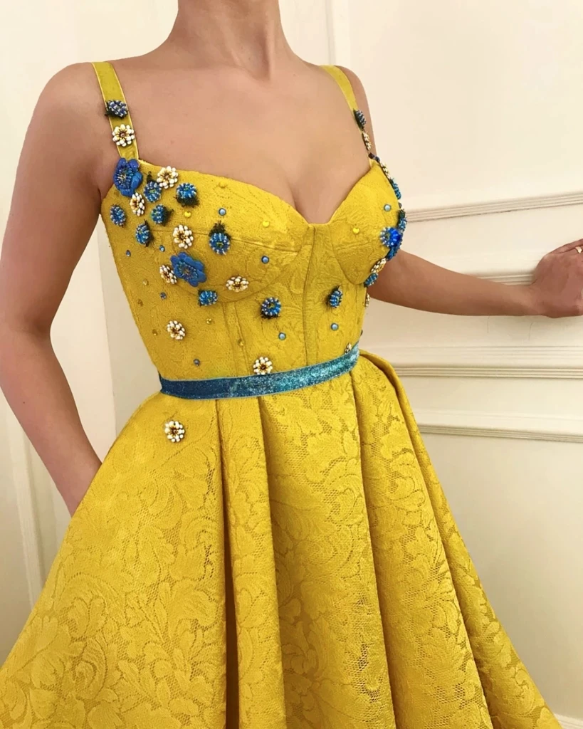 Yellow Moroccan Evening Dresses A-line Spaghetti Straps Lace Beaded Long Turkey Dubai Saudi Arabia Prom Dress Gown