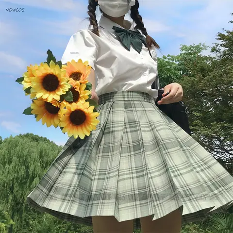 [Bamboo Forest Wind] Long/Short sleeve High Waist Green Plaid Pleated Skirts Women Dress JK School Uniform Students Girls Skirt