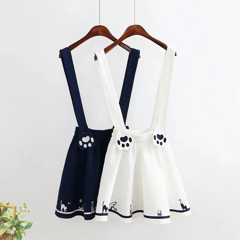 Summer Preppy style Cute Kawaii Cat Paw Embroidery Short Jumper Skirt Young Girl Women Suspenders Lovely Bottoms Navy Blue White