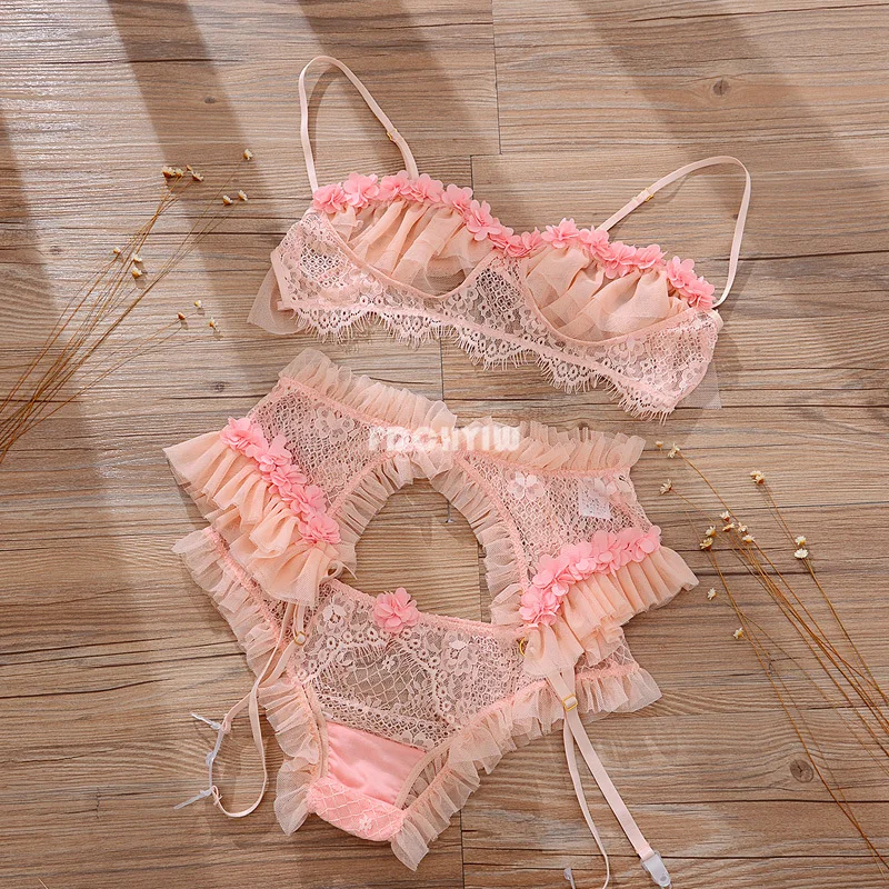 French Sexy Lingerie Lace Ruffles Wire Free Bra and Panty with Garter Underwear Set Temptation See Through Ultra Thin Bra Set