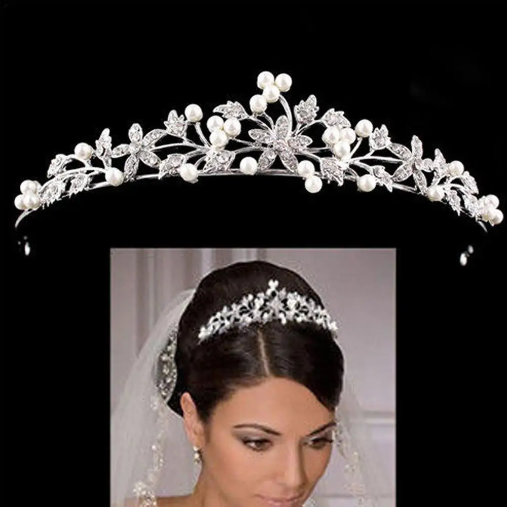 Princess Wedding Bridal Rhinestone Crystal Crown Hair Crown Bride Pearl Headwear Band U0I5