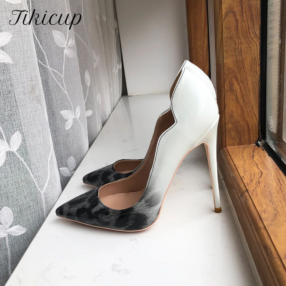 

Tikicup Gradient White Leopard Women Patent Curl Cut Pointy Toe High Heel Shoes for Party Sexy Ladies Slip On Stiletto Pumps