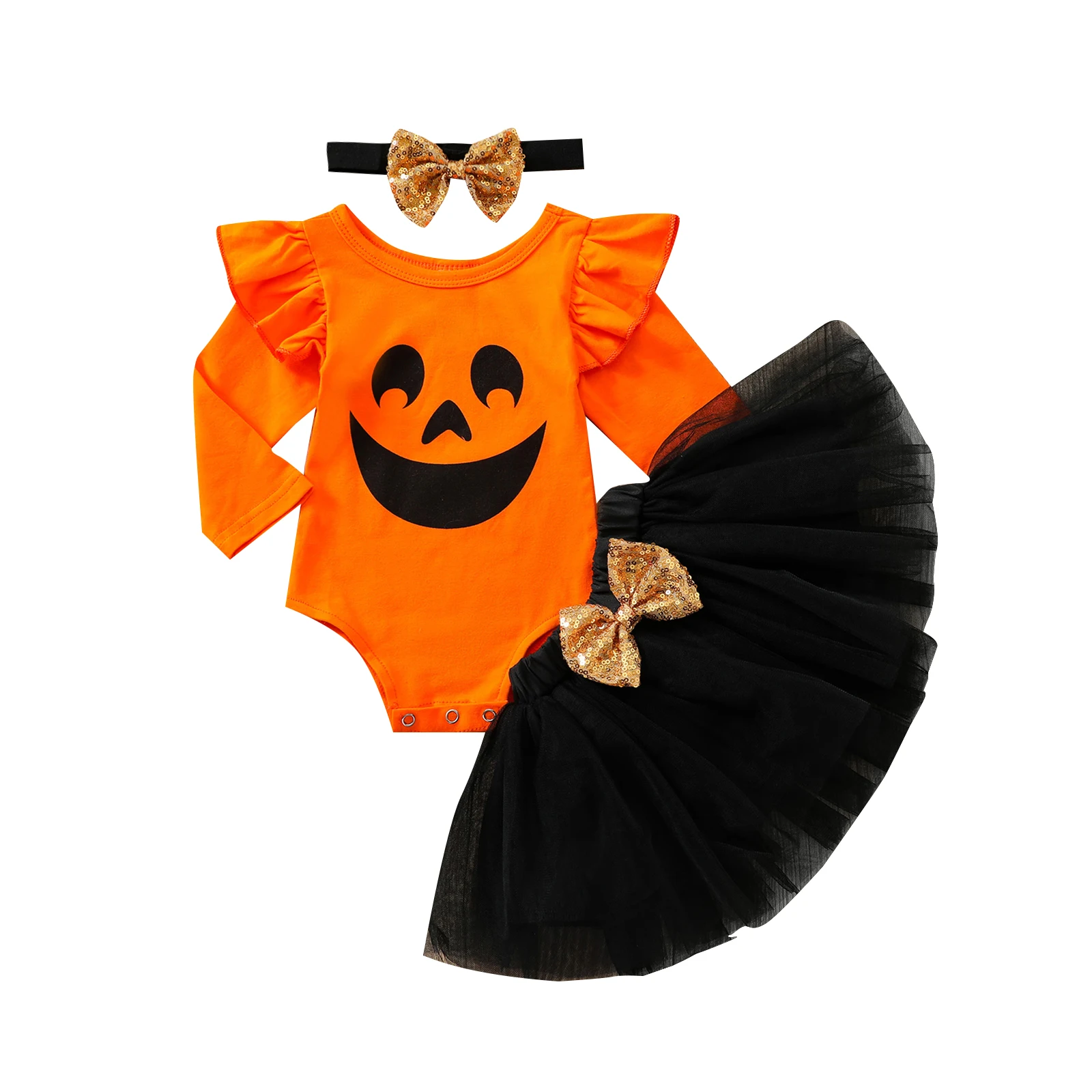 

3Pcs Toddler Halloween Costume Outfits Smile Face O-Neck Long Sleeves Romper Tutu Skirt Headband For Girls Children's Clothing