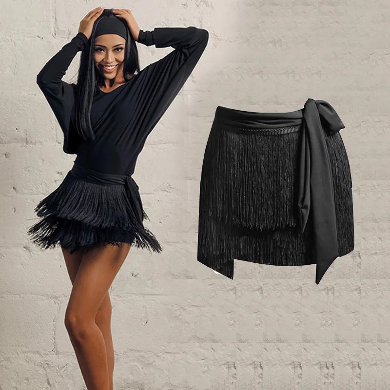 Latin Dans Kostuums Voor Vrouwen Black Fringe Tassel Rok Sexy Losse Tops Professionele Latin Dance Rokken Praktijk Kleren