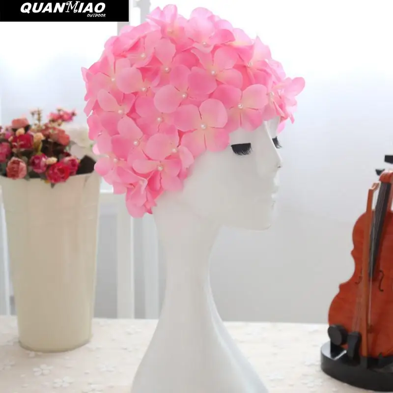 QuanMiao Hot Women Petal Swim Hat Flowers Design Bath Cap Ladies Swimming Cap Swim Pool Hat Swimming Cap