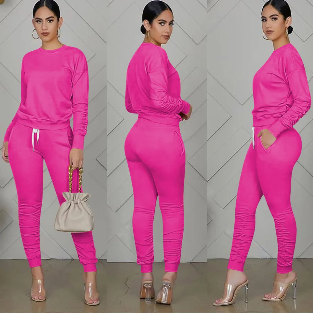 Fall Casual Sport Women Two Piece Set Tracksuit Long Sleeve Sweatshirt Tops Stacked Jogger Sweatpant Suit Outfits Matching Set