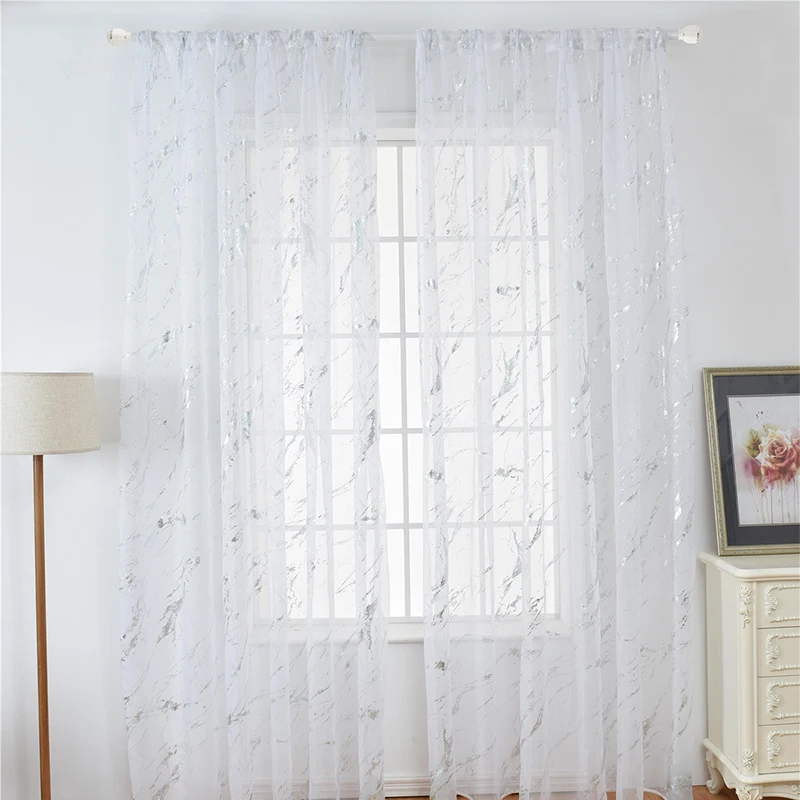 HOLAROOM White Blackout Curtains Tulle for Living Room Marble Striped Gold Silver Printed Tulle Home Balcony Vertical Curtain