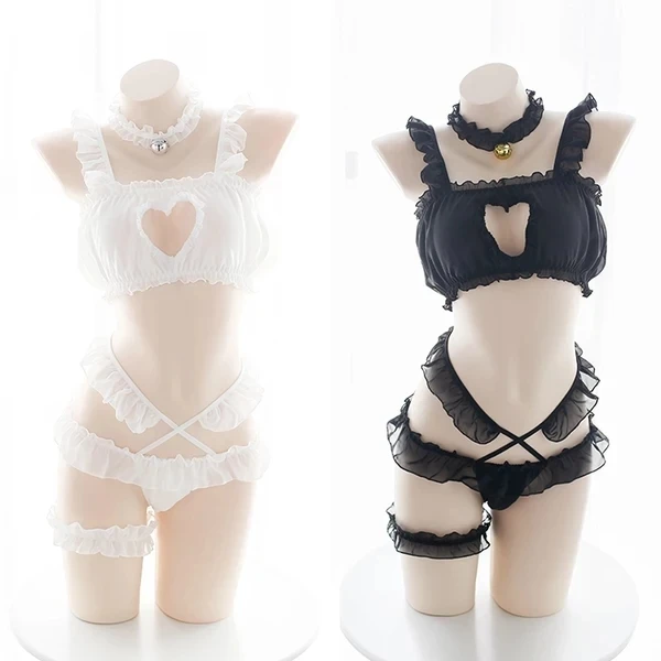 Sexy Frauen Dessous Herz Aushöhlen Dessous Set Anime Cosplay Camisoles Lolita Transparent Unterwäsche + Tops + Gürtel Neck Ring