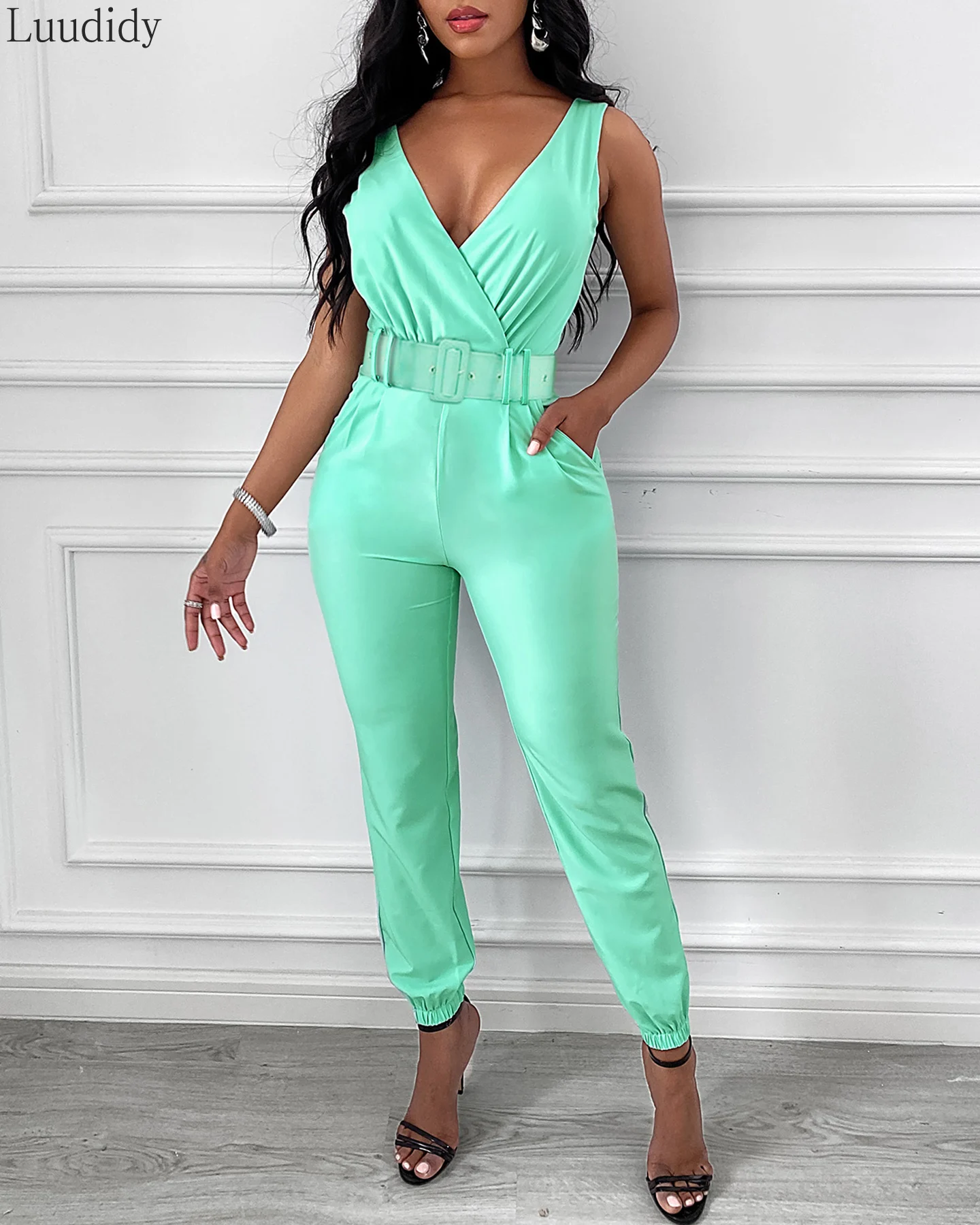 Women Office Wear Sleeveless Pocket Design Backless Jumpsuit